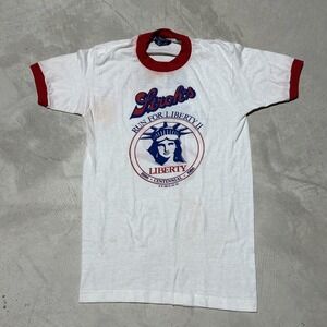 Vintage Ringer Tee 80's PLYMOUTH STROH'S Beer Liberty 50/50 Men's Size Medium